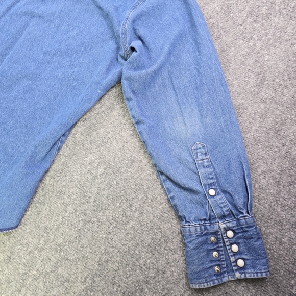 Vintage Wrangler Mens Large Distressed Denim Pearl Snap Western Shirt - Picture 3 of 7